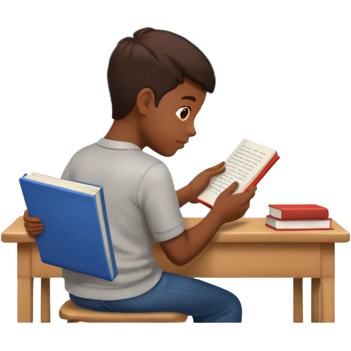 Boy sitting at school reading with his back to the camera emoji
