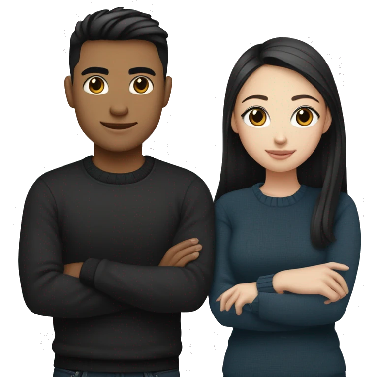 dark Blonde girl with blue eyes in black sweater and an east asian with light skin man with black hair and black eyes hugging emoji