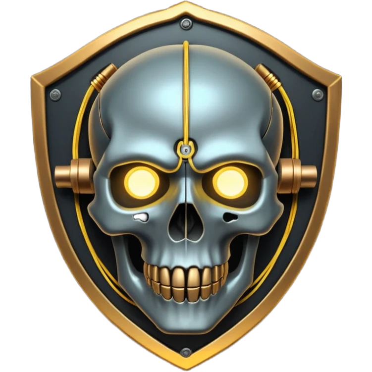 Cyberpunk shield, skull with cybernetic implants, glowing wires, dark electric silver and gold tones, no background emoji