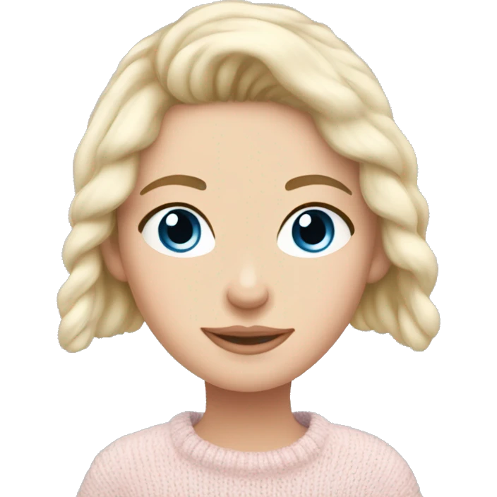 Pretty blue eyed white girl with light pink sweater reading cozy emoji