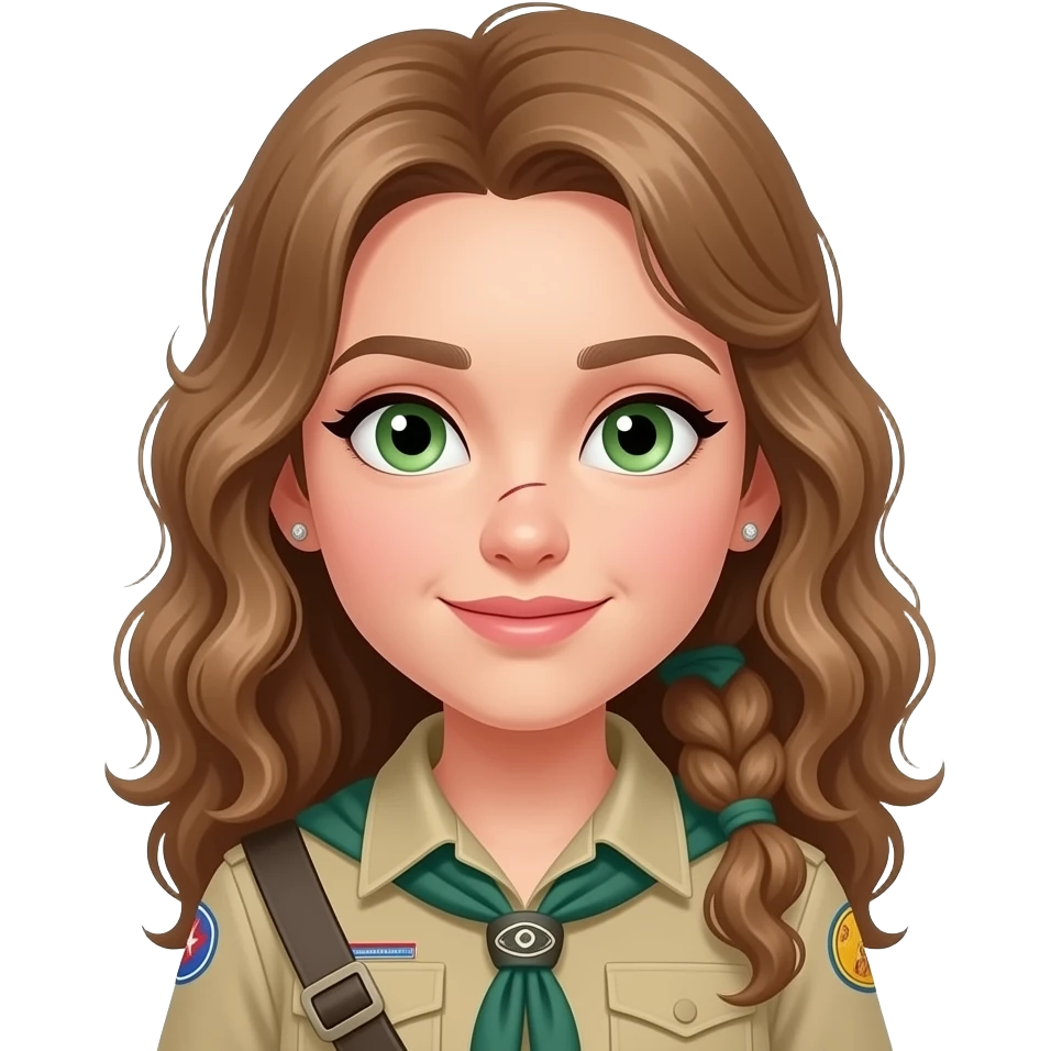 draw a girl in scout uniform with light brown ,curling , long hair and a  ponytail and green eyes and a scar on her nose she has also some earrings and the hair is flat emoji
