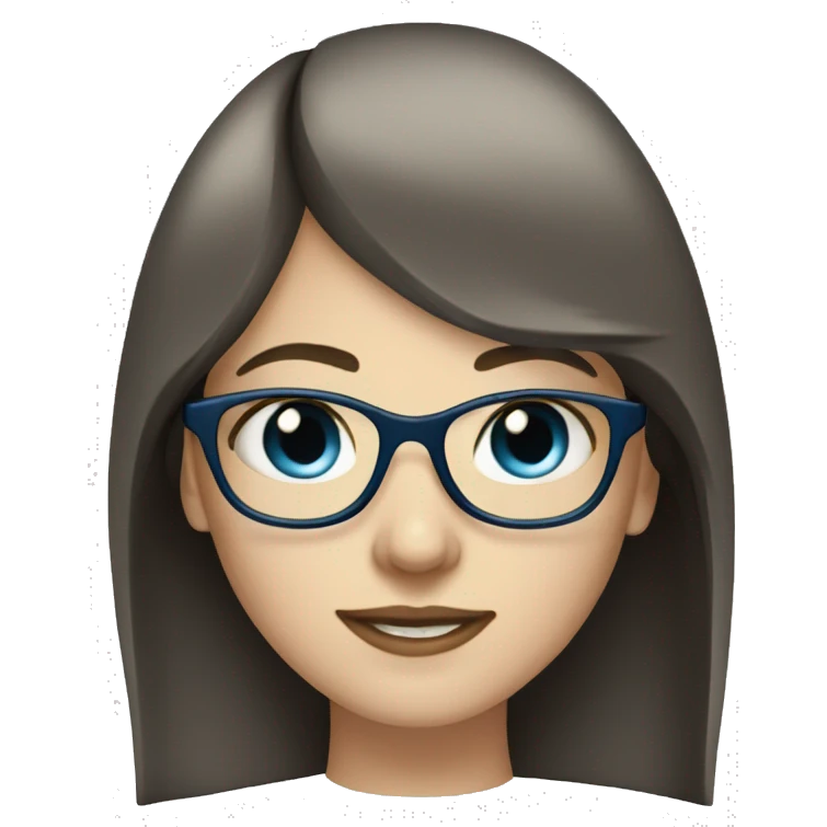 young woman, pale skin, long length dark brown wolfcut hair, glasses, blonde bangs blue eyes emoji