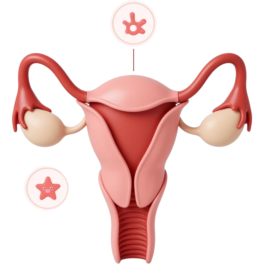 realistic illustration of polycystic ovaries with lines connecting to hormone symbols, explanatory emoji