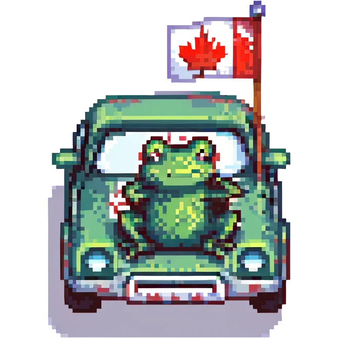 a frog riding a car with a Canadian flag on the windshield, pixel art style emoji