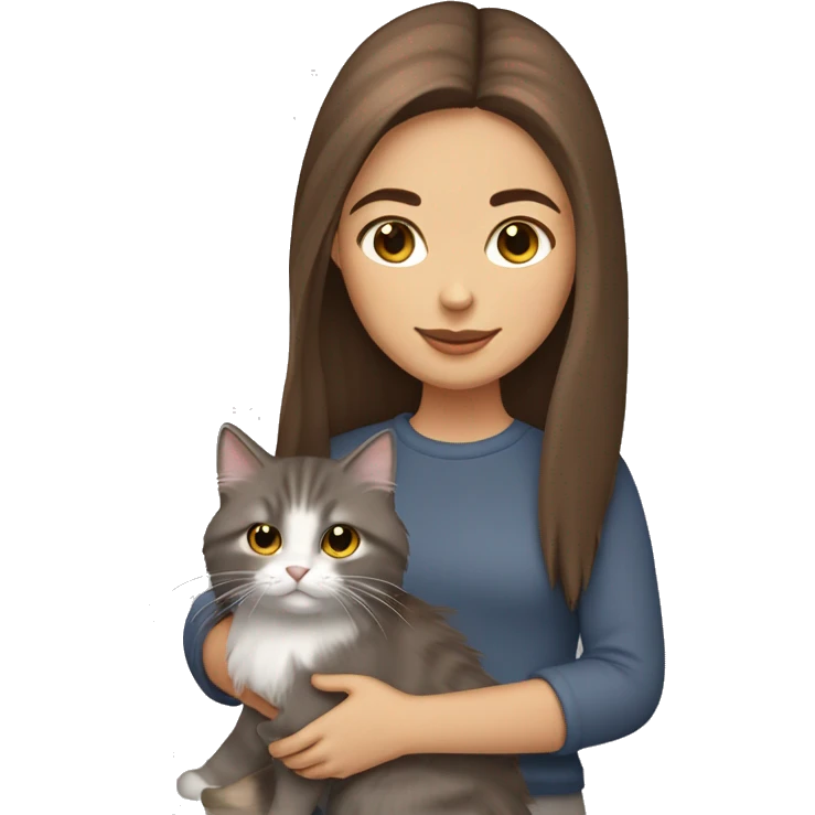  Chestnut brown straight hair girl holding fluffy Siberian gray cat  emoji