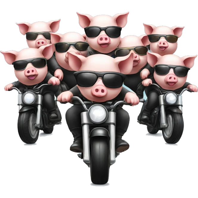 6 Pigs on 6 motorbikes, wearing sunglasses and a helmet emoji