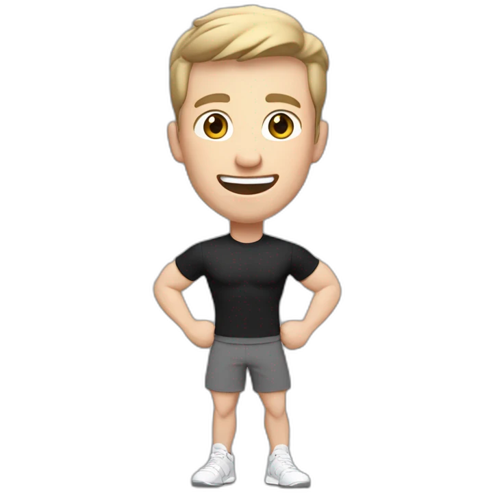 Joyful Celebrating victory Pale skinned Fit Man With the biceps and dark brown hair in black shirt, gray sports shorts and white Sneakers emoji
