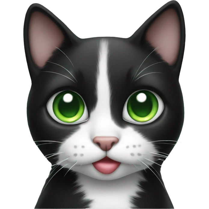 Realistic Black and white cat with green eyes holding a heart emoji