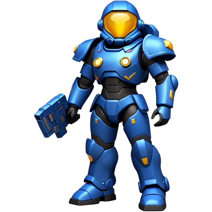 Clash of Clans aesthetic: Cinematic heroic Terran Marine Hero Emoji, rendered in a 3D vector-style similar to standard emojis with minimal shading and bold, simplified shapes. A compact, heroic isometric figure clad in futuristic power armor with signature energy accents, softly glowing with a cosmic battle charm. Simplified yet unmistakably iconic, highly detailed and consistent, glowing with a soft radiant shine and high gloss. Stylized with a touch of interstellar valor and a soft glowing outline, capturing the essence of an elite space warrior with a friendly, playful manner! emoji