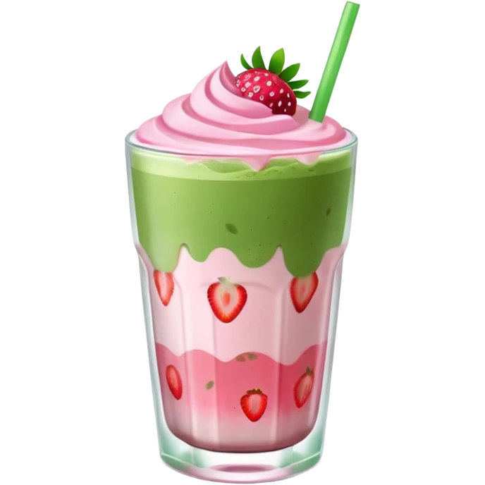 iced strawberry matcha latte in a clear glass with visible ice cubes, pink and green layers, vibrant and cute, emoji style emoji