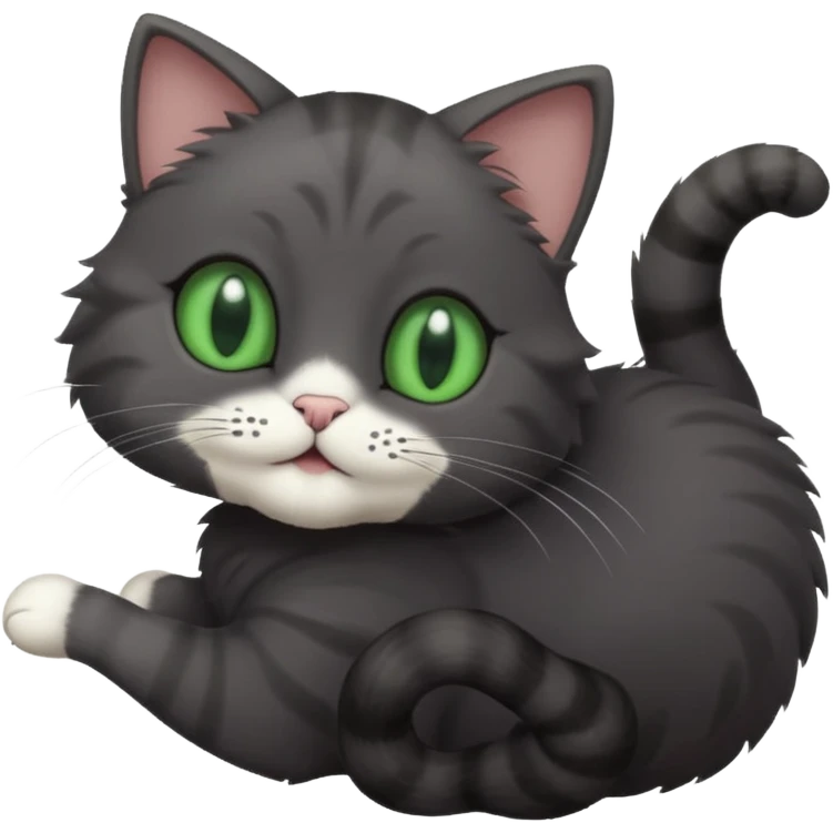 solid dark grey cat with green eyes, white toes/paws playfully rolling upside down emoji