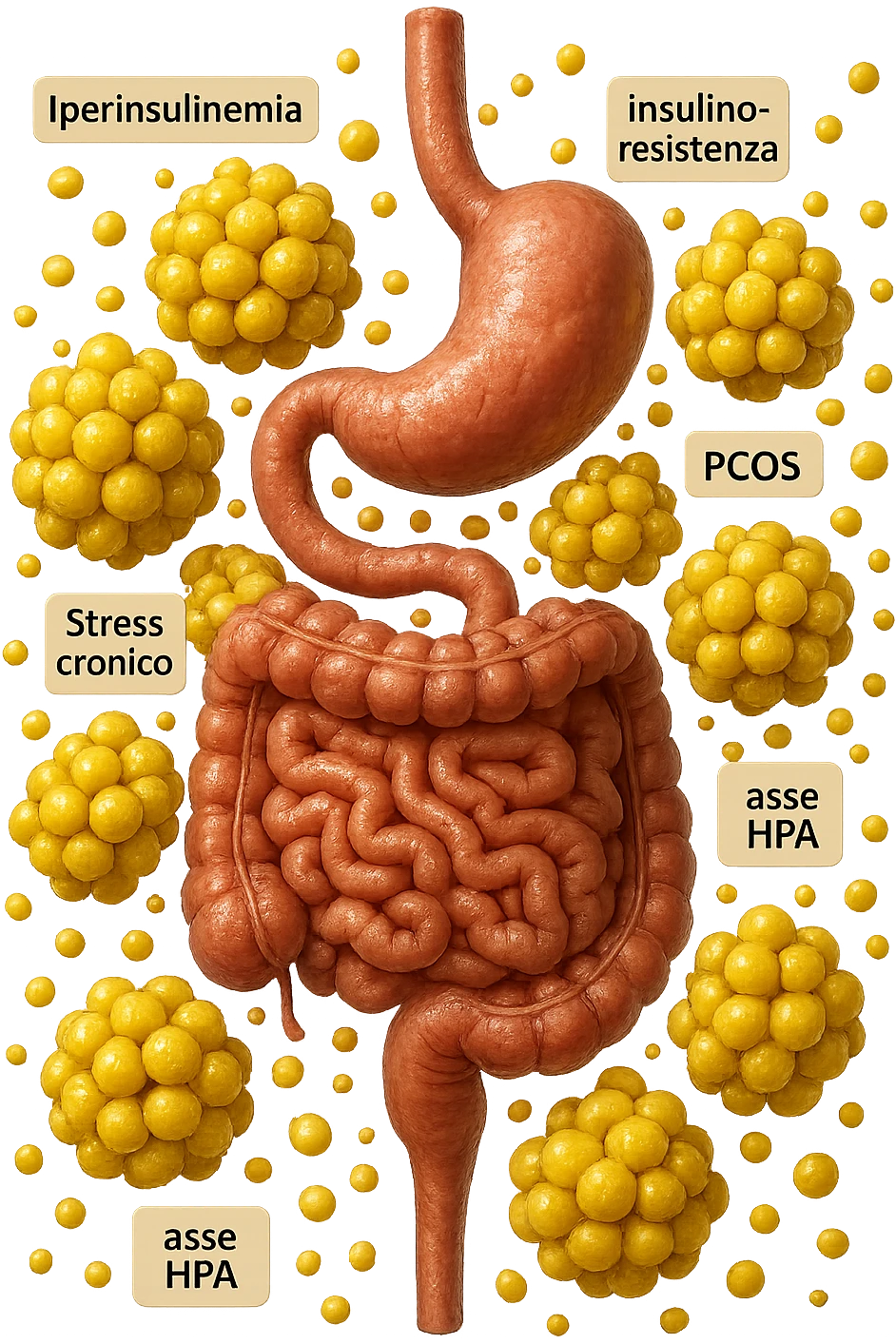STOMACO E INTESTINO SONO VERTICALMENTE COLLEGATI E INTORNO A QUESTI ORGANI CI SONO CELLULE DI GRASSO GIALLE ATTACCATE SOPRA A GRAPPOLI, intorno fluttuano cellule di grasso giallo e alcune targhette con queste parole "Iperinsulinemia", "insulino-resistenza", "PCOS", "Stress cronico", "asse HPA", FALLO REALISTICO, NON DISEGNATO, IPERREALISTICO 4K emoji