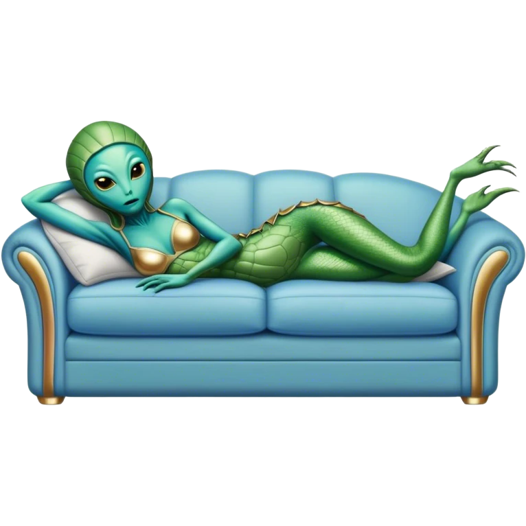a reptilian green alien woman, in blue gold silver , lie on couch comfy, full figure emoji