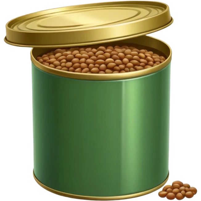 open tin can with glossy brown-green cooked lentils inside, moist, slightly shiny texture, soft rounded shapes, smooth surface, a few lentils spilling near the edge, no spoon, no label, no garnish, soft lighting, subtle shadows, transparent background, emoji scale emoji