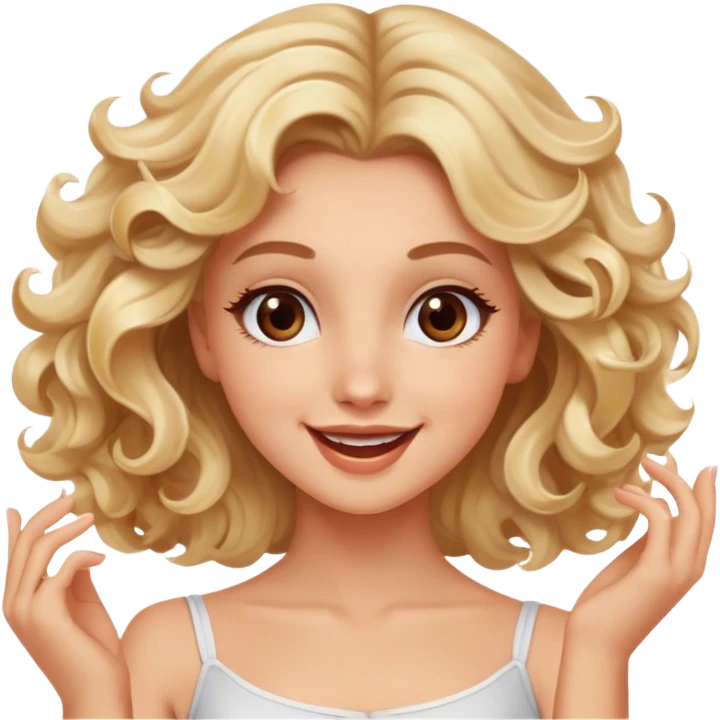 Pretty blonde model, brown eyes, soft curls, happy dance emoji