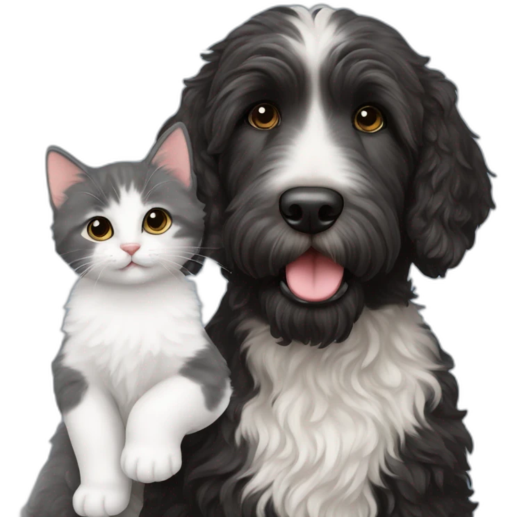 Black labradoodle and white and grey kitten emoji