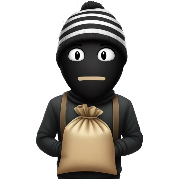 A cartoon figure in a black mask, striped shirt, and beanie, holding a tied sack with a sly expression emoji