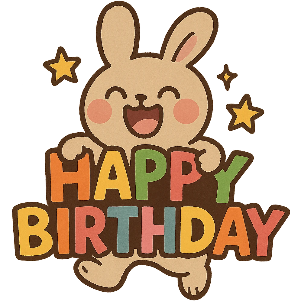 laughing bunny hugging 'Happy Birthday' letters with stars, full body, sticker style emoji