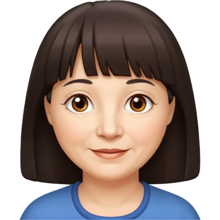 60 yr old woman, very small brown eyes, long straight dark brown hair, bangs, chubby, long face emoji