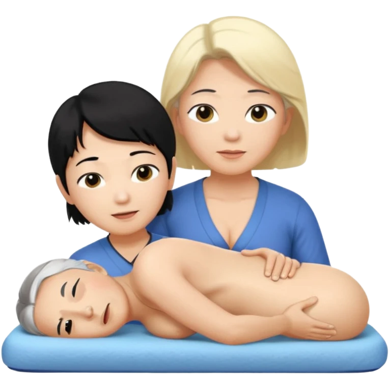 Sexy large breasted elderly asian woman in a low cut top and with black hair give a massage to a blonde haired boy emoji
