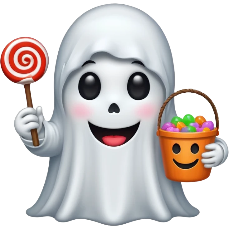 
Ghost holding candy bucket  cartoon -style/cute and transparent for a sticker  emoji