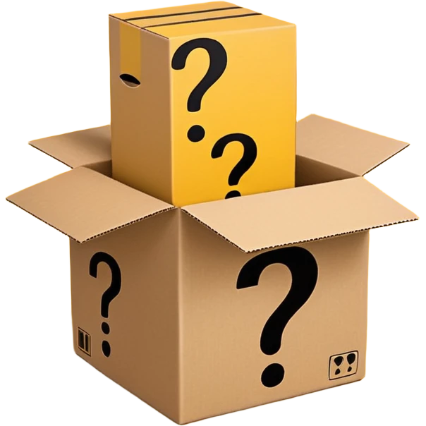 amazon box printed with q&a over stuffed with yellow question marks emoji