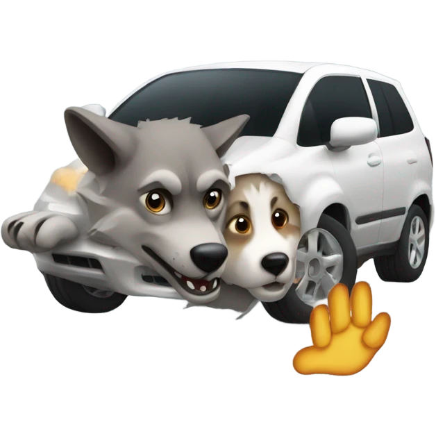 Tiny car crashing into a wolf’s feet paw emoji