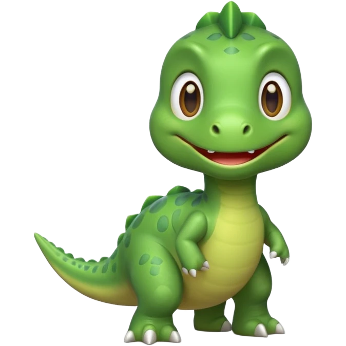 Cute green dinosaur emoji with round body, big eyes, small arms, soft shadows, smooth outlines, glossy finish, friendly smile, simple flat design, high-detail yet minimal style, perfect for emoji set, transparent background emoji