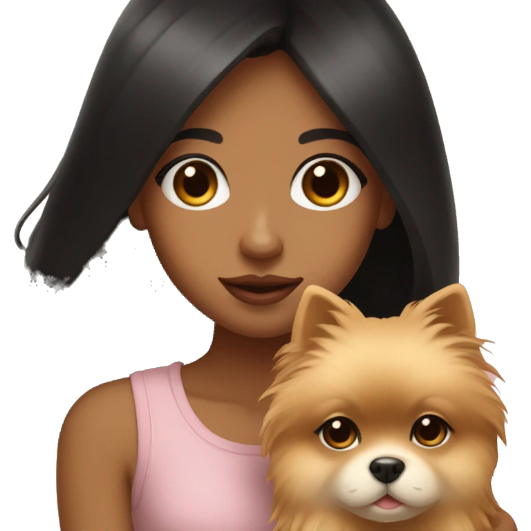A girl with long black hair, light brown eyes, big lips, holding a light pomeranian in her hands emoji