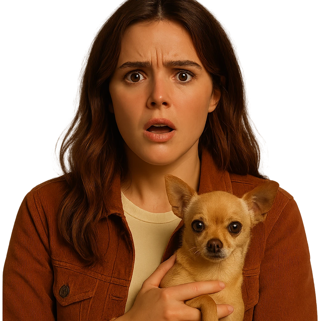 Portrait centered for Instagram profile picture, inspired by the facial features visible in the reference images, with a tanned complexion, subtle freckles, shirt color #FFF8CA, rust-colored jacket, medium-length brown hair with auburn highlights, shocked and outraged expression, holding a beige-brown chihuahua, Netflix series style, transparent background, intimate Tenerife ambiance. emoji