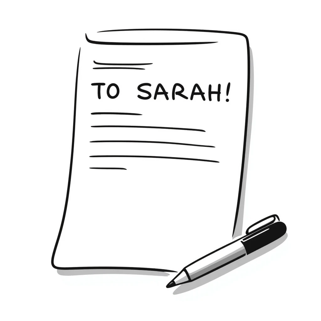a paper letter with "TO SARAH" text written at the top of the letter, with a pen lying next to it emoji