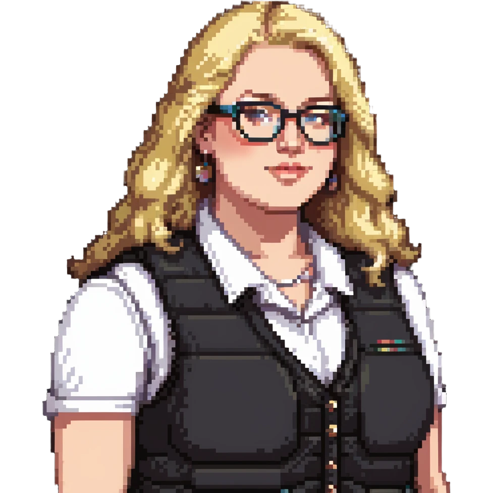 Plus size blonde person wearing glasses and a vest emoji