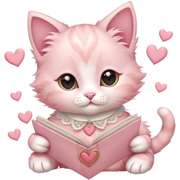 A pastel pink kitten with heart-shaped markings, a lace ribbon collar, holding a vintage love letter, surrounded by floating hearts. emoji
