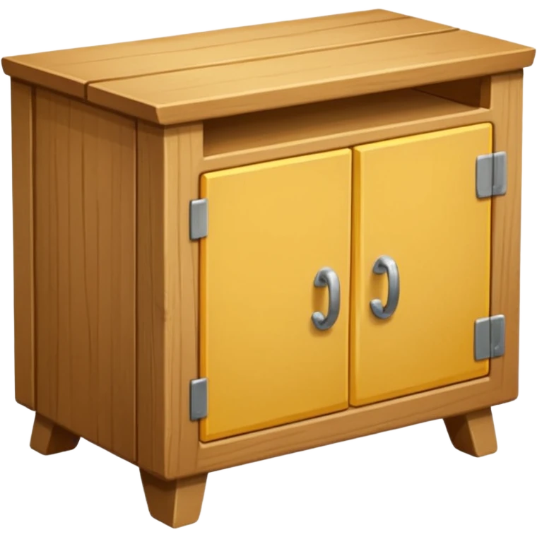 Compact emoji-style icon showing a small wooden cabinet with one door slightly open, a hammer resting beside it, and a plank of wood leaning in the background. Light brown wood tones, silver hammer head, yellow handle. Soft shadows, clean glossy look.  emoji