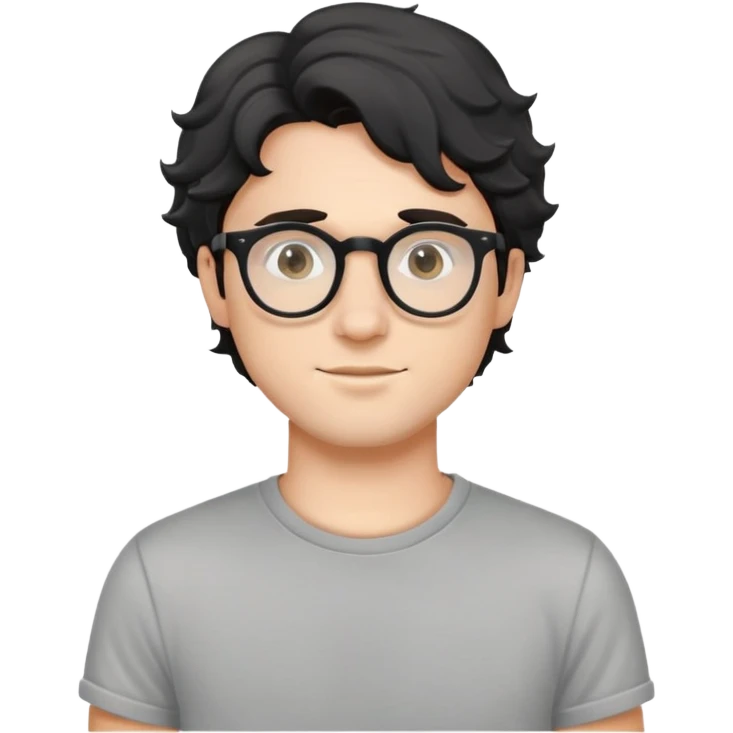 Young caucasian man with black wavy hair, round glasses, wearing a grey t-shirt emoji