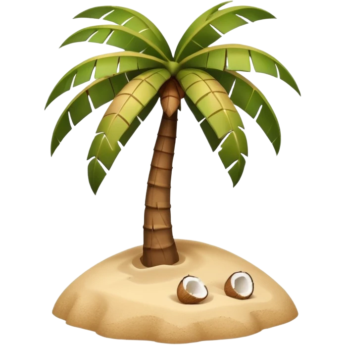 A 3D cartoon coconut palm tree with coconuts near the top and a sandy base, tropical light setting, Memoji-style realism. emoji