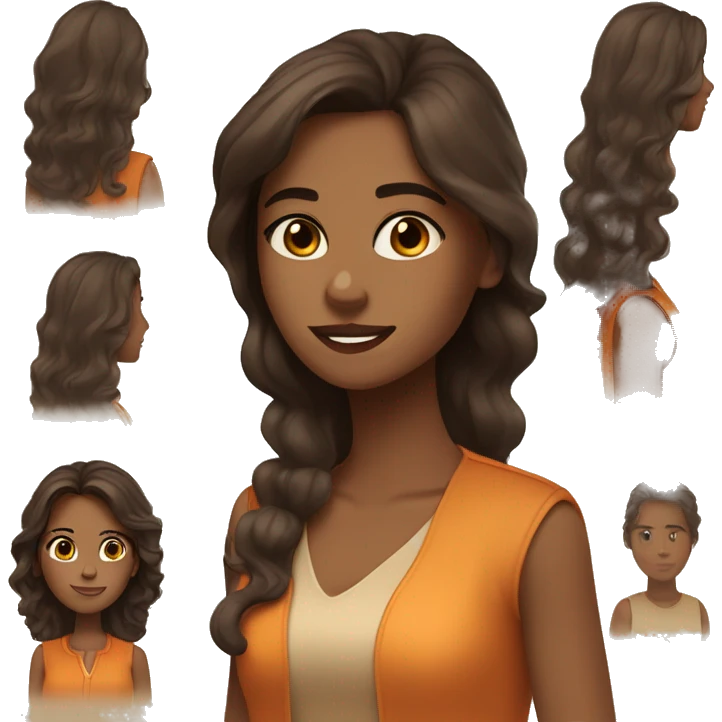 a charming tanned woman wavy chocolate hair, caramel eyes, beige shirt, orange vest emoji