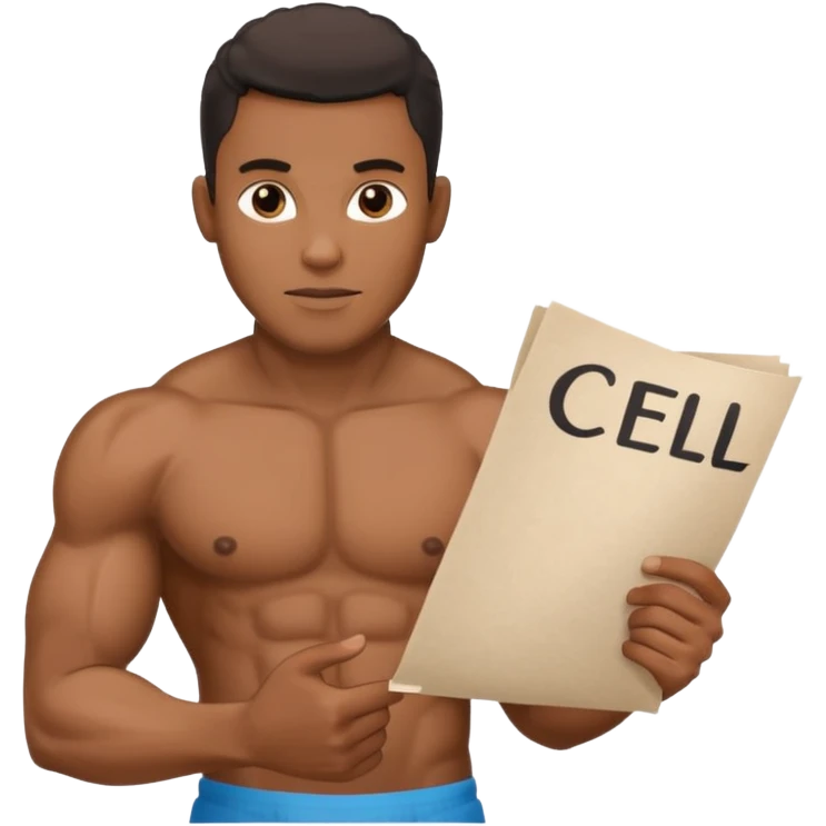 Black big men without shirt showing paper with write "cfel" emoji