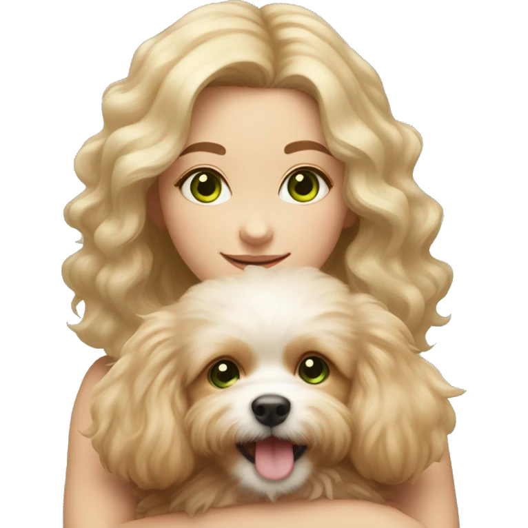 Girl with green eyes and light brown hair holding blonde fluffy pomapoo puppy emoji