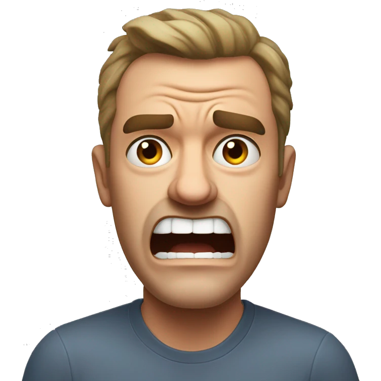 Create an emoji of an Australian dad who looks mad or is shouting. He should have a slightly angry expression with furrowed brows and an open mouth, as if he's shouting. Avoid any smile; instead, show a frustrated or intense expression. emoji