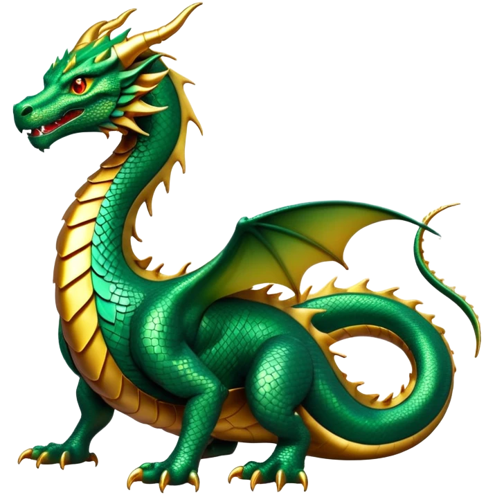 cinematic-noble-dragon-full body-emoji,-poised-and-majestic,-with-a-sinuous,-elongated-build-and-shimmering,-scale-covered-skin-in-hues-of-emerald-and-gold,-piercing,-fiery-eyes,-simplified-yet-sharp-and-sophisticated-features,-highly-detailed, zoomed out showing the serpentine body emoji