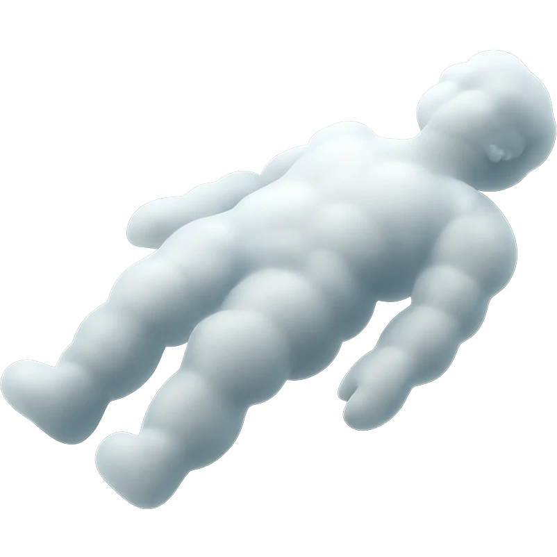 side view of unconscious person, torso up, limbs down, made of bright white fluffy clouds, matte glass style emoji