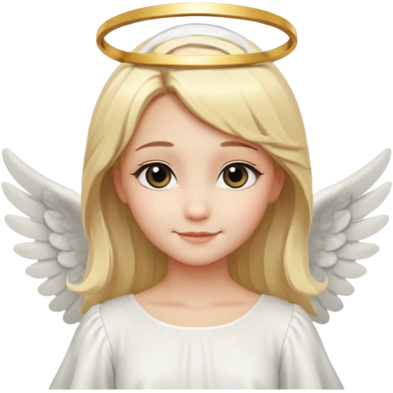милая девушка ангел с нимбом и крыльями, с блондинистыми прямыми волосами по плечи, с черными макияжем глаз, тонкими бровями, с улыбкой, в стиле Apple avatar emoji
