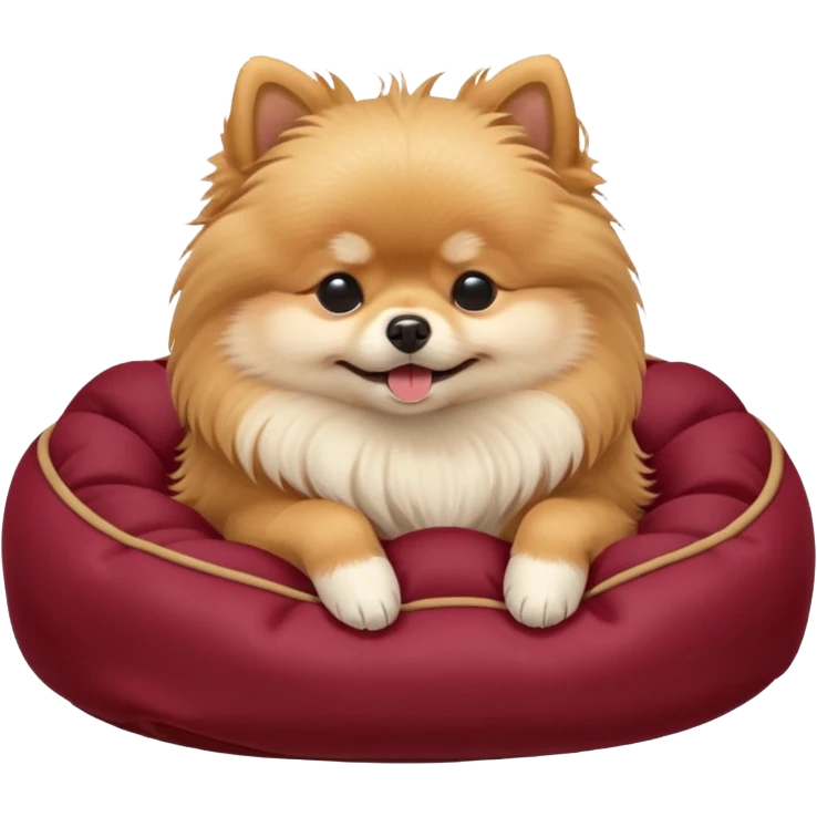 Sleeping Pomeranian in wine red dog bed emoji