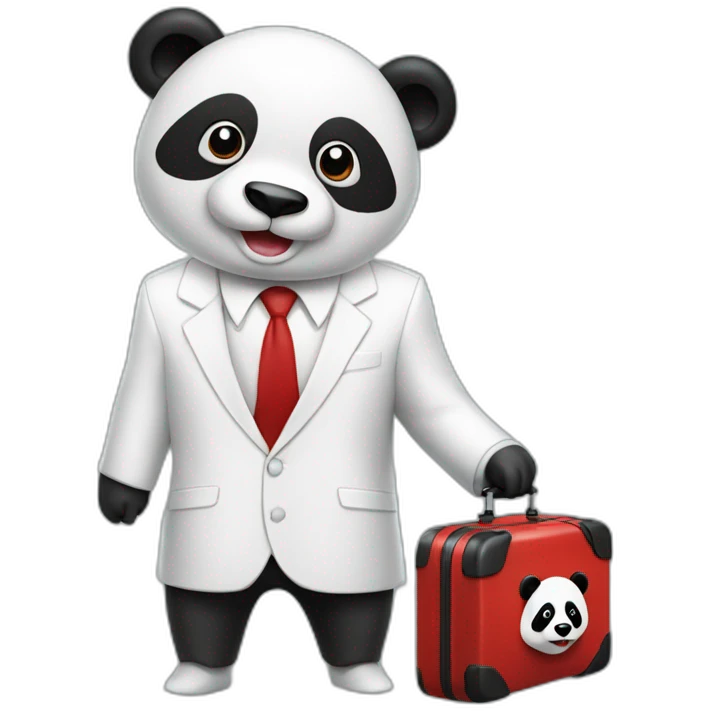 A man with white suit and red tie and a panda face eating a hotdog and holding a black suitcase emoji