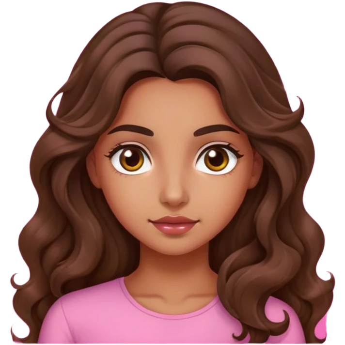 girl with long brown wavy hair and olive skin with pink background emoji