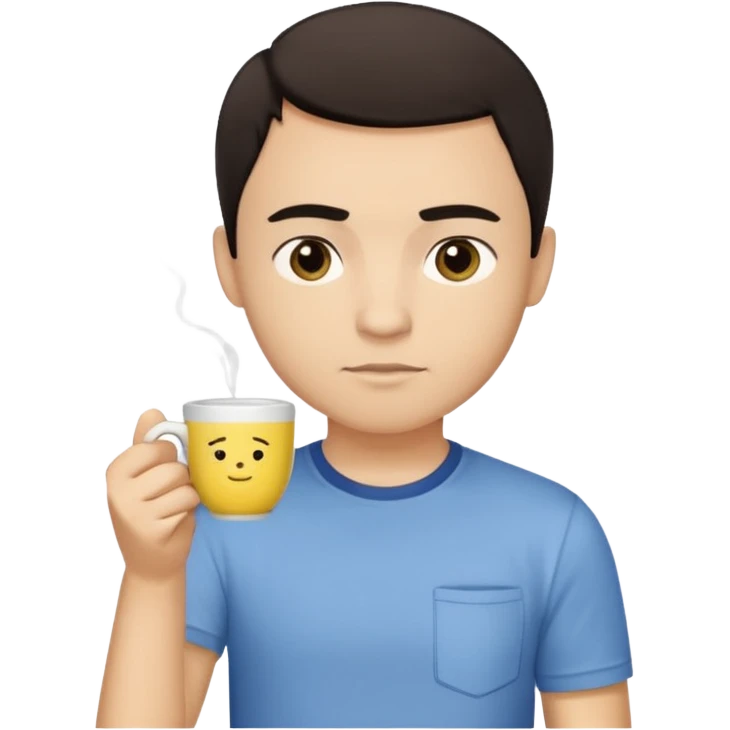 человек с короткими тёмными волосами и круглым лицом. У него спокойное, нейтральное выражение лица, тёмные глаза, аккуратные брови. Он стоит прямо на фоне светлой стены. На нём светлая футболка с небольшим рисунком. В целом образ выглядит простым и аккуратным. В руках чай с лимоном emoji