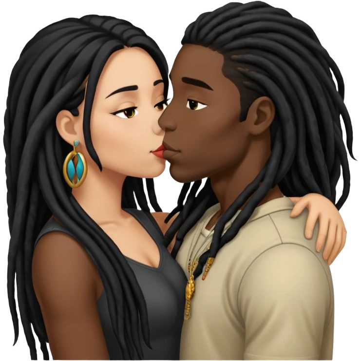 Latina Woman with long hair kissing a young black guy with dreads no beard emoji