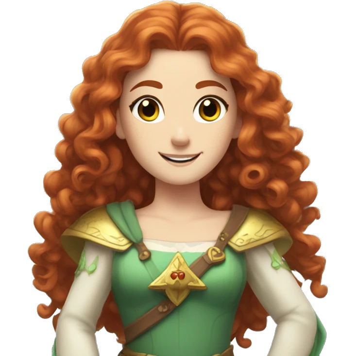 a white girl with long red curly hair and freckles, cosplaying Princess Zelda posing and smiling emoji
