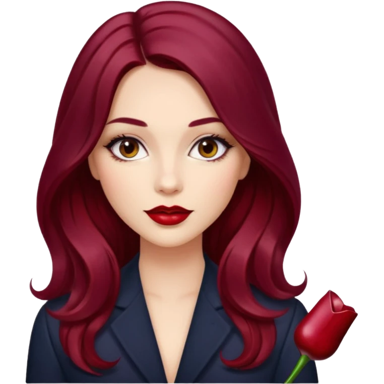 Draw a young glamorous woman with LONG dark burgandy cherry hair in a centre hair part styled slightly wavy emoji